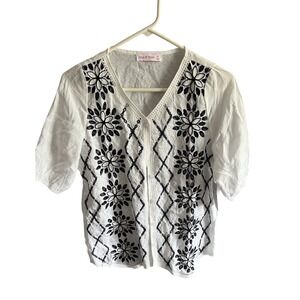 Ana & Rose Embroidered Top Floral Button Down Short Sleeve White SP